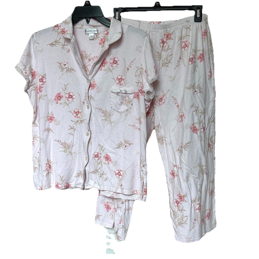 Miss Elaine Pajama Set Lg Capri Pink Button Up Floral Cottage Feminine Coquette